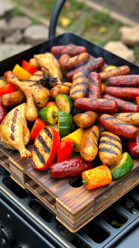 A wooden palette with grilled chicken, sausages, vegetables on a grill, surrounded by smoke.